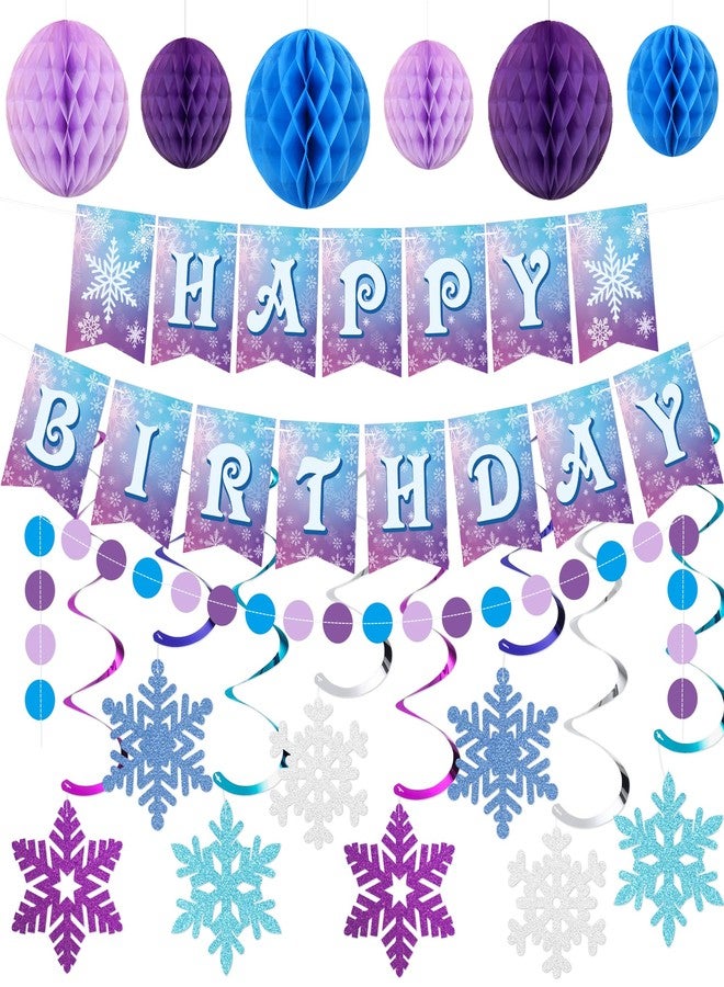 TMTECHJS Frozen Birthday Party Decorations Happy Birthday Banner Honeycomb Balls Snowflake Hanging Swirls Streamers Circle Garland Decoration Winter Holiday Party Decorations for Christmas - Image 1